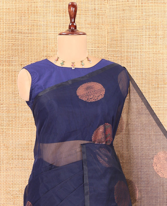 Borderless Navy Semi-Silk Cotton Saree Accentuated with Circle Zari Buttas, a Contrast Intricate Pallu, and a Contrast Blouse