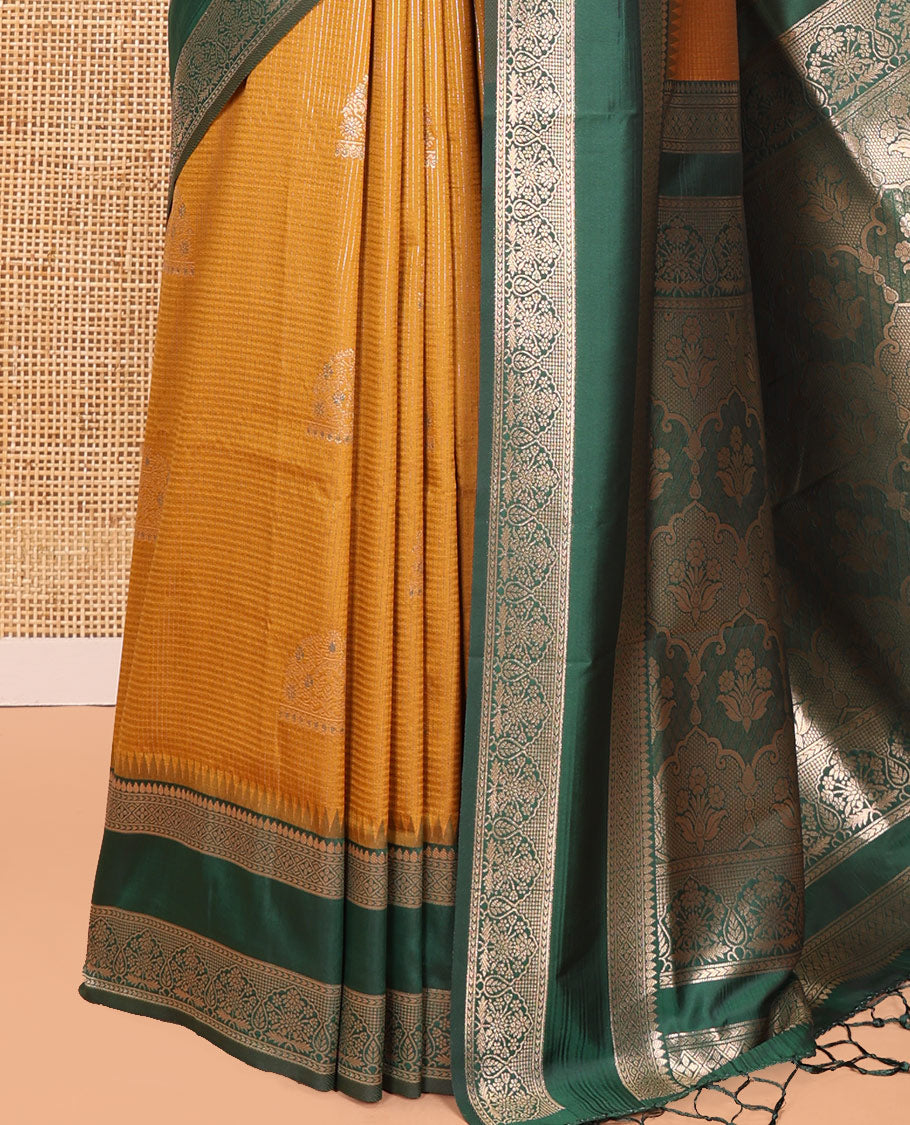 Mustard Zari Design Elite Soft Saree, Contrast Rettai Pettu Border, Grand Pallu, and a Contrast Blouse
