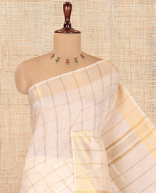 Cream Zari Checked Bhagalpur Cotton Saree, a Temple Zari Border, Self-Pallu, and a Matching Blouse