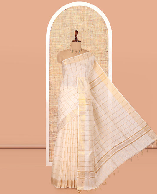 Cream Zari Checked Bhagalpur Cotton Saree, a Temple Zari Border, Self-Pallu, and a Matching Blouse