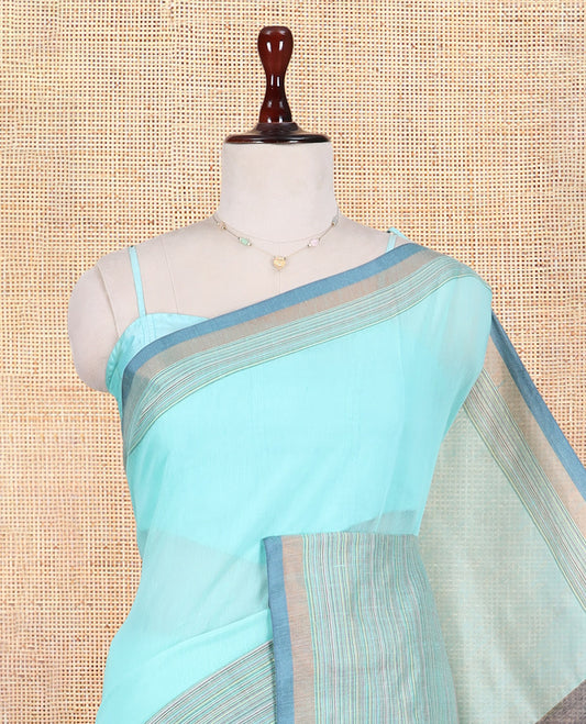 Sea Green Plain Khadi Cotton Saree, Contrast Satin Striped Border, Striped Pallu, and a Contrast Blouse