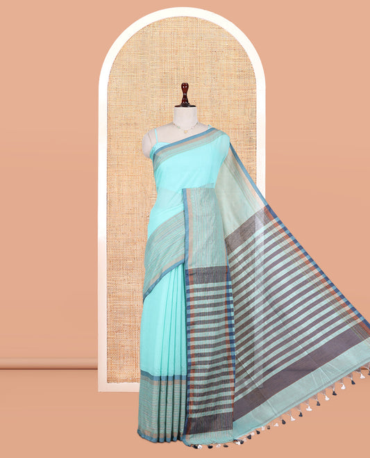 Sea Green Plain Khadi Cotton Saree, Contrast Satin Striped Border, Striped Pallu, and a Contrast Blouse
