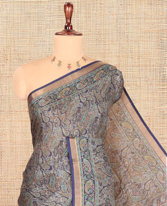 Navy Blue Malai Cotton Saree, Elevated with Paisley Print, a Self-Border, Intricate Pallu, Matching Blouse