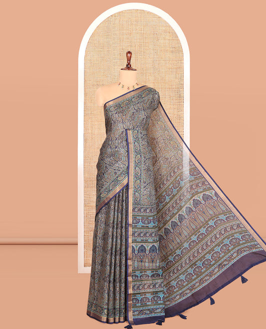Navy Blue Malai Cotton Saree, Elevated with Paisley Print, a Self-Border, Intricate Pallu, Matching Blouse