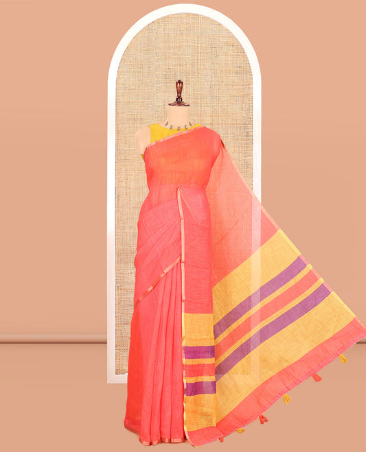 Tomato Pink Plain Linen Cotton Saree, a Piping Border, Contrast Striped Pallu, and Contrast Blouse