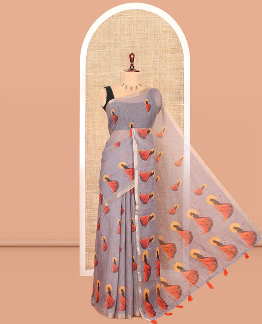 Light Brown Linen Cotton Saree, Adorned with Butterfly Woman Print, a Piping Border, a Contrast Blouse