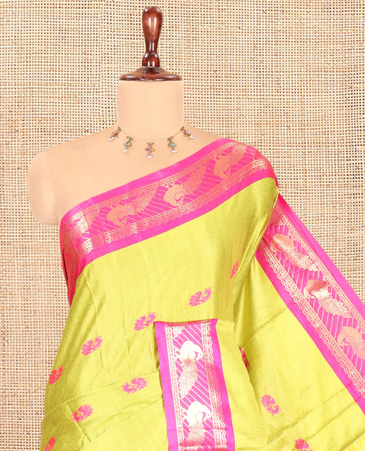 Parrot Green-Pink Peacock Buttas Semi-Soft Silk Saree, Contrast Peacock Border, Buttas Pallu, Matching Blouse