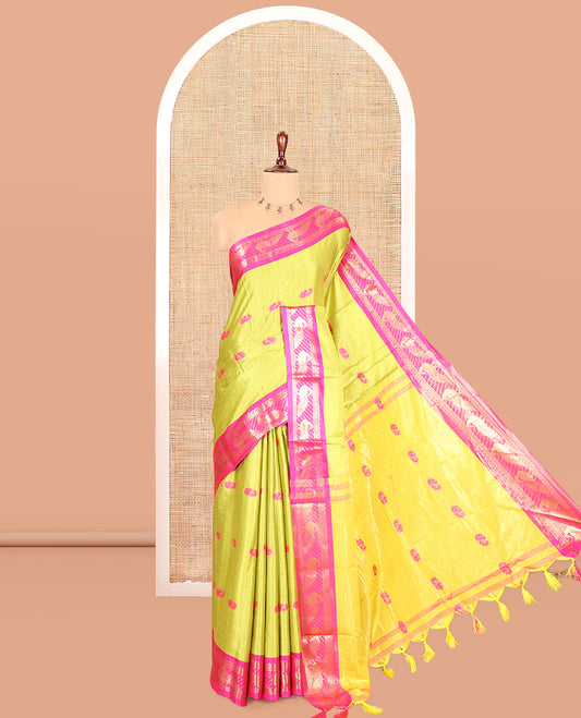Parrot Green-Pink Peacock Buttas Semi-Soft Silk Saree, Contrast Peacock Border, Buttas Pallu, Matching Blouse