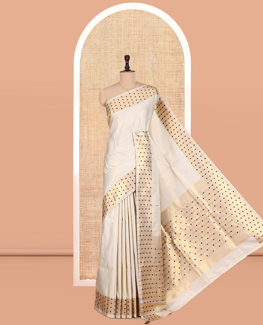 Gold-Purple Plain Tissue Saree, Gold Polka-Dotted Border, Matching Blouse