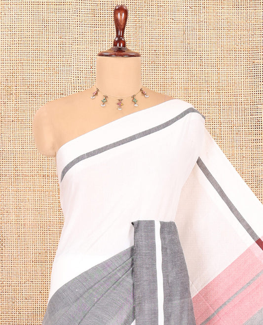 White-Grey Half-And-Half Plain Khadi Cotton Saree, a Self-Border, Striped Pallu, and No Blouse