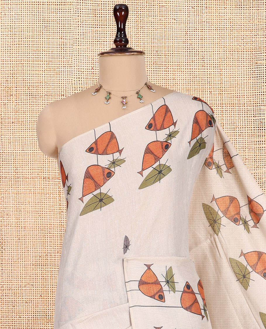 Gold Tissue Saree, Adorned with Fish Print, and a Matching Blouse