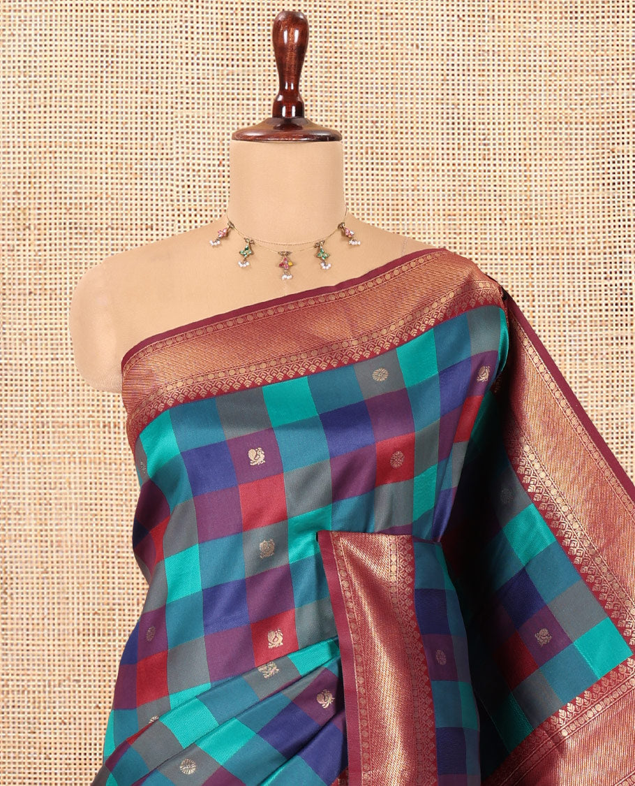 Maroon Buttas-Checked Semi-Kanchi Silk Saree, a Traditional Border, Grand Pallu, Matching Blouse
