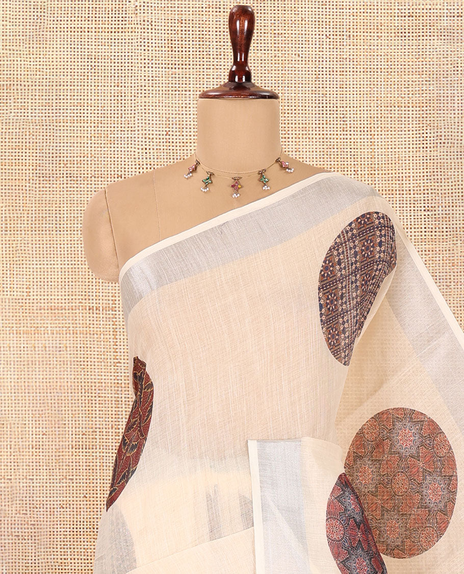 Cream Linen Cotton Saree Features Ajrakh Geometric Print, a Zari Border, Printed Pallu, Contrast Blouse