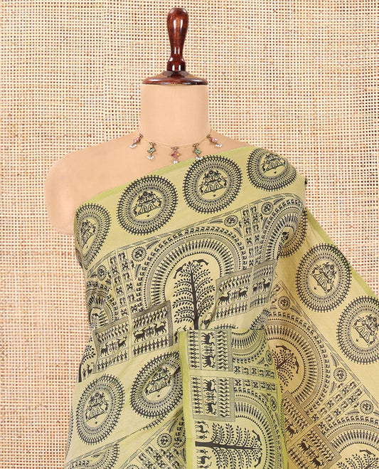 Borderless Pista Green Warli Printed South Cotton Saree, Printed Pallu and a Matching Blouse
