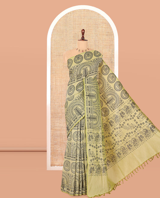Borderless Pista Green Warli Printed South Cotton Saree, Printed Pallu and a Matching Blouse