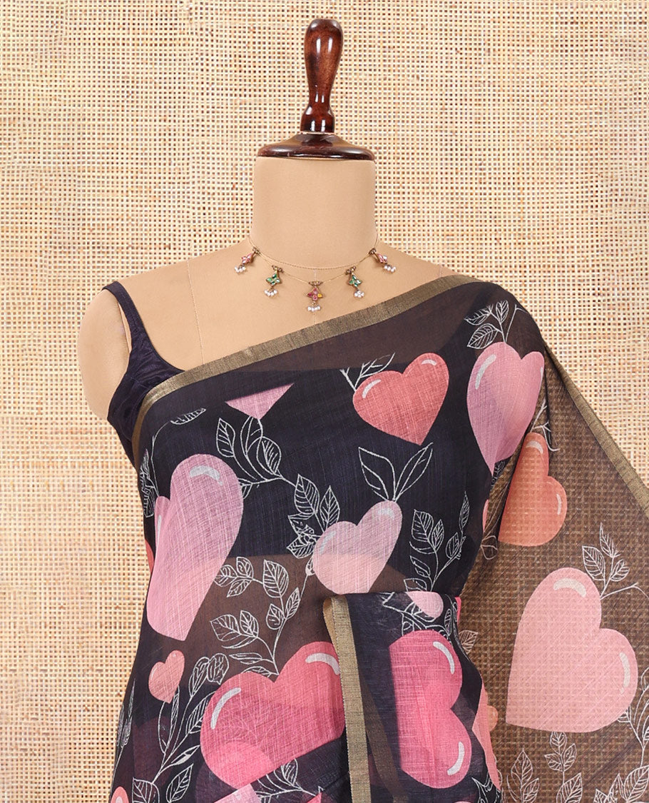 Borderless Black Heart Motifs Printed Linen-Cotton Saree, a Self-Printed Pallu, and a Matching Blouse