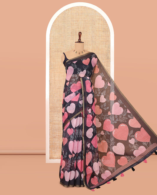 Borderless Black Heart Motifs Printed Linen-Cotton Saree, Self-Printed Pallu, and Matching Blouse