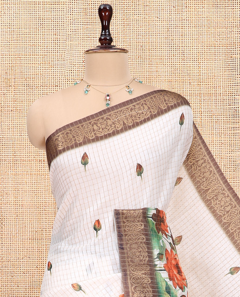 Cream-Brown Semi-Tussar Saree Features Checks and Floral Print, a Contrast Border, and a Matching Blouse