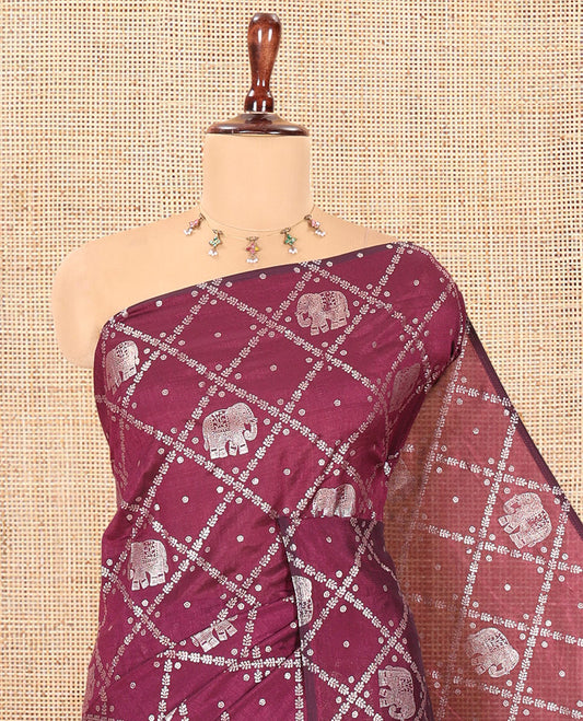 Borderless Wine Vichitra Silk Saree Features Elephant Butta Enclosed Jaal Design, a Self-Pallu, and No Blouse