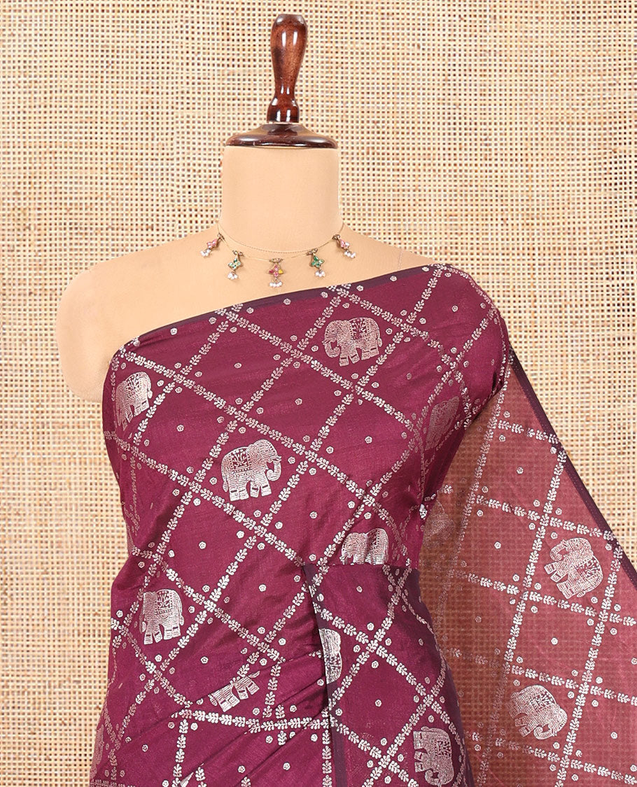Borderless Wine Vichitra Silk Saree Features Elephant Butta Enclosed Jaal Design, a Self-Pallu, and No Blouse
