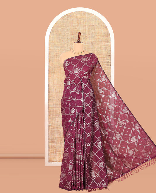 Borderless Wine Vichitra Silk Saree Features Elephant Butta Enclosed Jaal Design, a Self-Pallu, and No Blouse