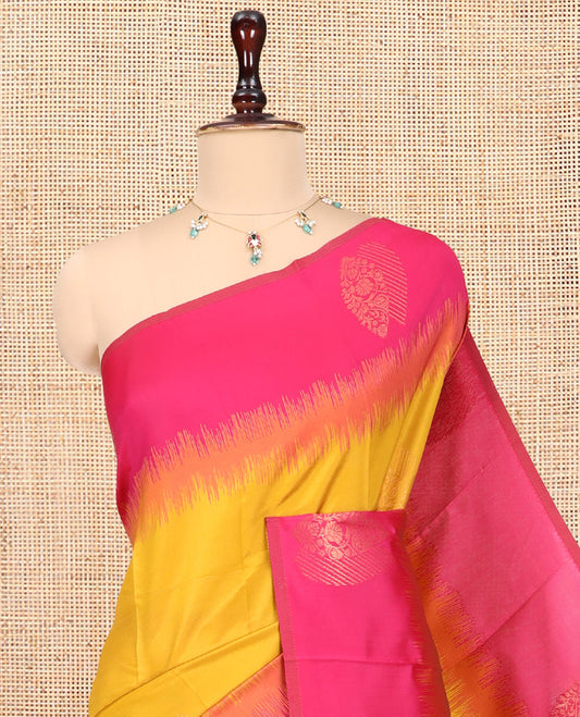 Mustard-Rani Kanchi Silk Saree, Adorned with Zari Buttas, a Contrast Zari Butta Border, Grand Pallu, and a Contrast Blouse