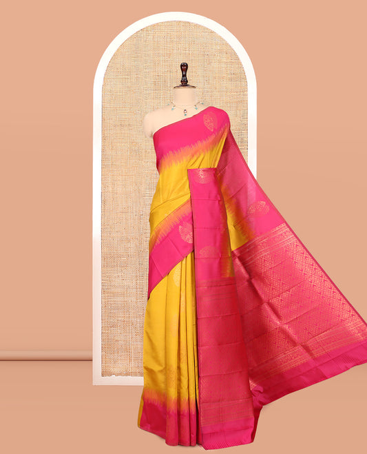 Mustard-Rani Kanchi Silk Saree, Adorned with Zari Buttas, a Contrast Zari Butta Border, Grand Pallu, and a Contrast Blouse