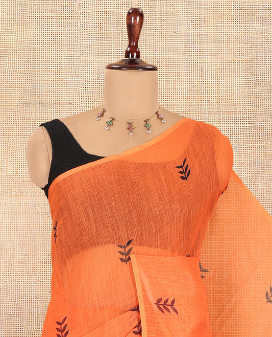 Borderless Orange Linen Cotton Saree with Leaf Print, a Contrast Leaf-Printed Pallu, a Contrast Blouse