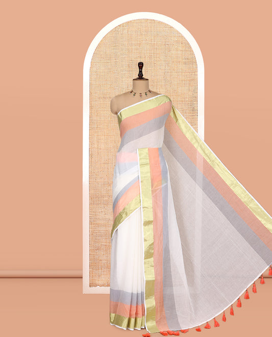 Cream Plain Khadi Mul Cotton Saree, a Contrast Tri-Pastel Colored Border, and No Blouse