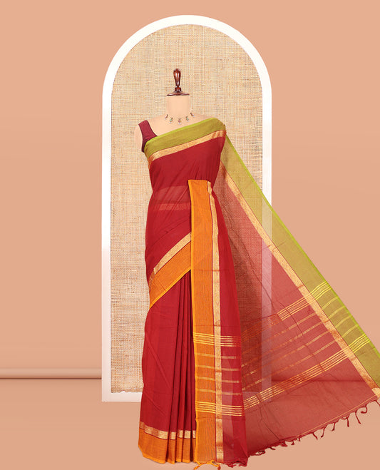 Maroon Plain Chettinad Cotton Saree, a Contrast Ganga-Jamuna Border, Striped Pallu, and a Matching Blouse