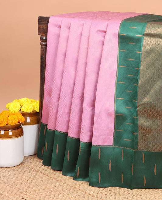 Pink copper zari brocadedesign litchi soft silk saree with contrast korvai stain , weaving buttas border & contrast weaving rich pallu along with copper zari, small buttas blouse