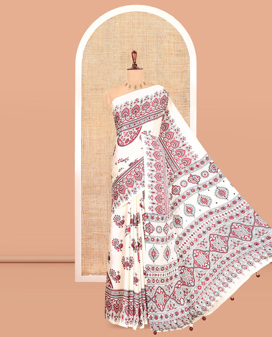 Cream Satin Crepe Saree, Enthralled with Peacock Print, and Mirror Work, Intricately Printed Border, and a Contrast Ajrakh Blouse