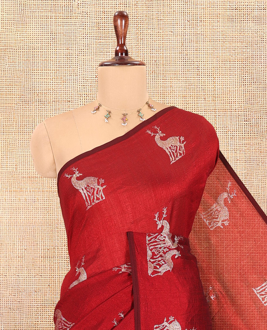 Borderless Red Vichitra Silk Saree, Embellished with Deer Motifs, Self-Pallu, No Blouse