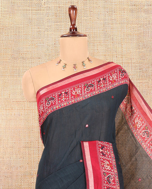 Black Manipuri Tussar Saree, Delicately Woven with Mirror Work, a Contrast Patola Animal Motif Border, Patola Pallu, a Contrast Blouse