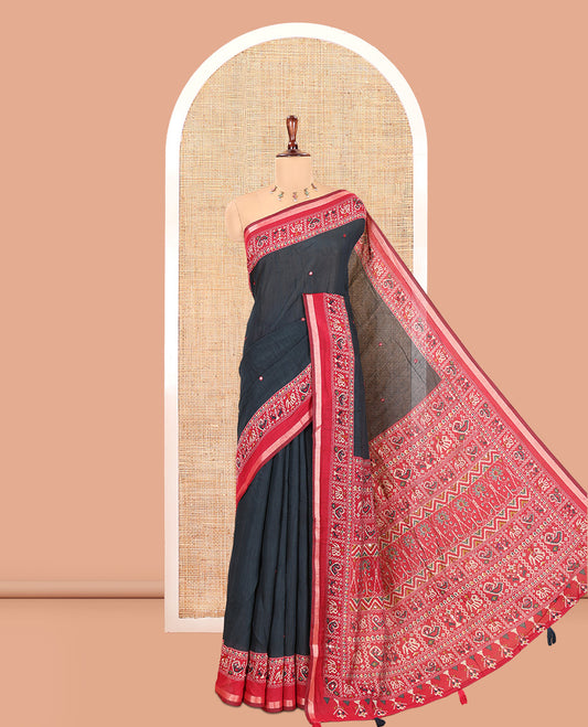 Black Manipuri Tussar Saree, Delicately Woven with Mirror Work, a Contrast Patola Animal Motif Border, Patola Pallu, a Contrast Blouse