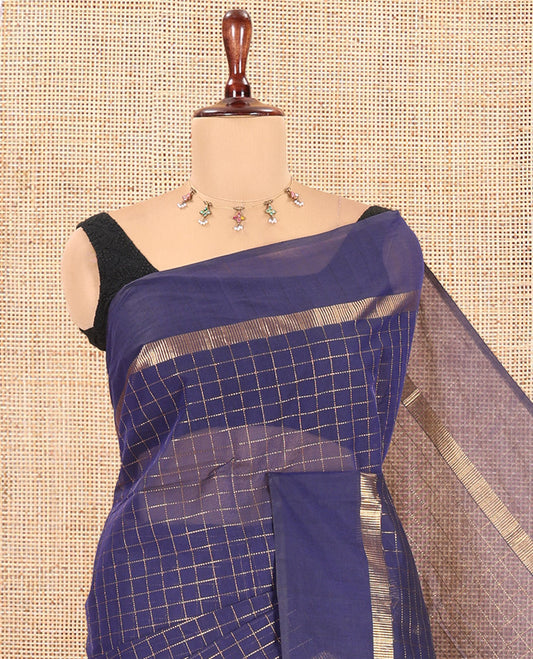 Navy Blue Chettinad Cotton Saree, Enthralled with Checks, a Kaal Eragina Border, Striped Pallu, a Matching Blouse