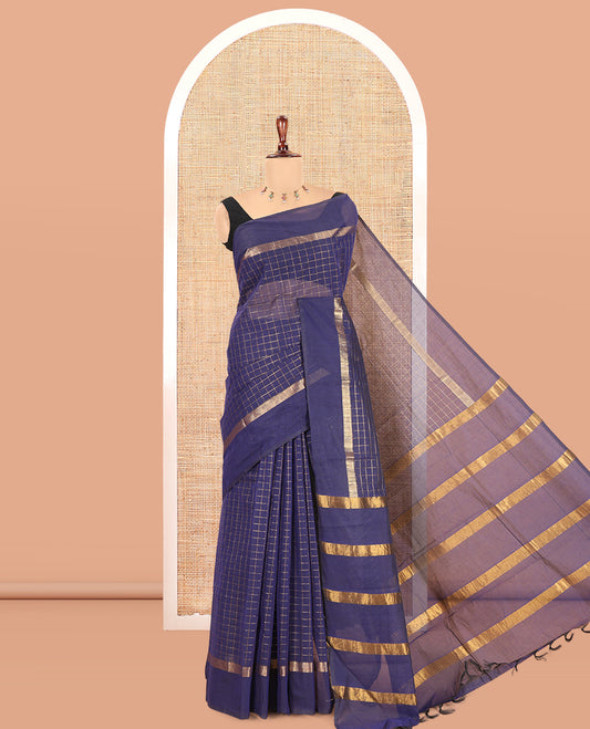 Navy Blue Chettinad Cotton Saree, Enthralled with Checks, a Kaal Eragina Border, Striped Pallu, a Matching Blouse