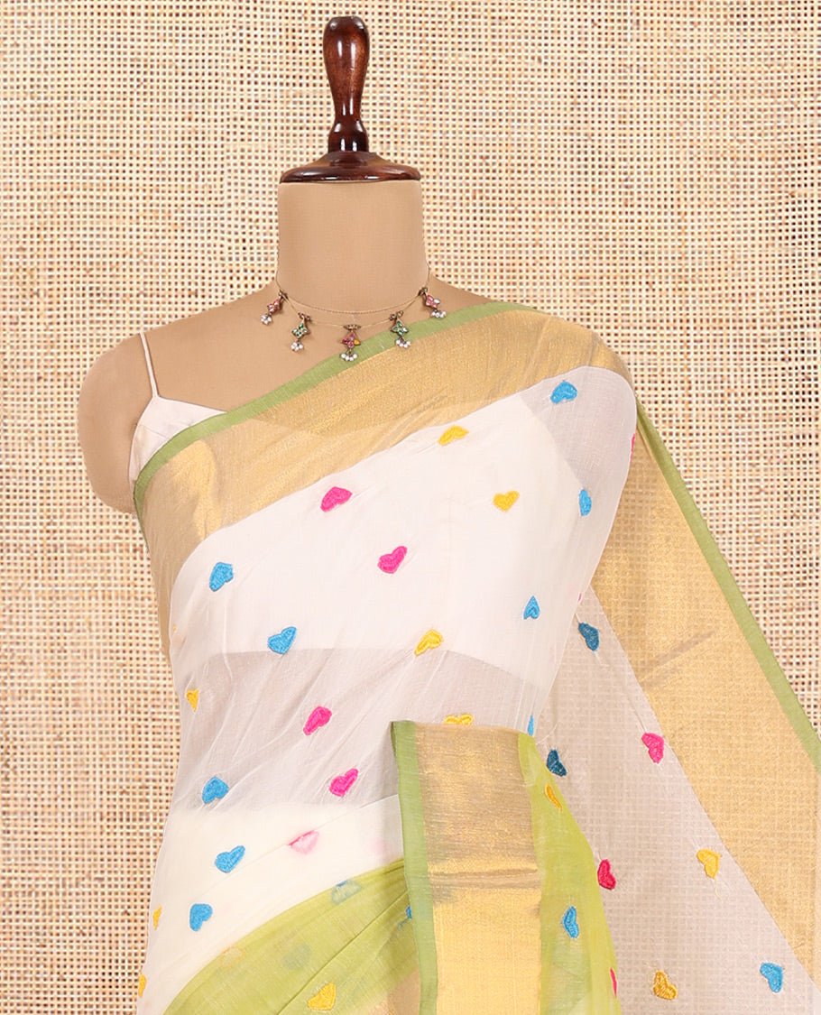 Cream-Green Half-And-Half Heart Motifs Embroidered Khadi Cotton Saree, Contrast Bavanji Border, No Blouse