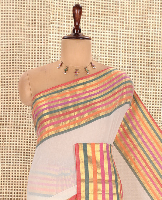 Cream Plain Khadi Mul Cotton Saree