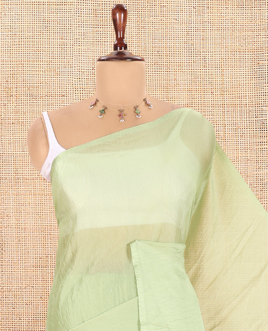 Borderless Parrot Green Plain Rangoli Chiffon Saree
