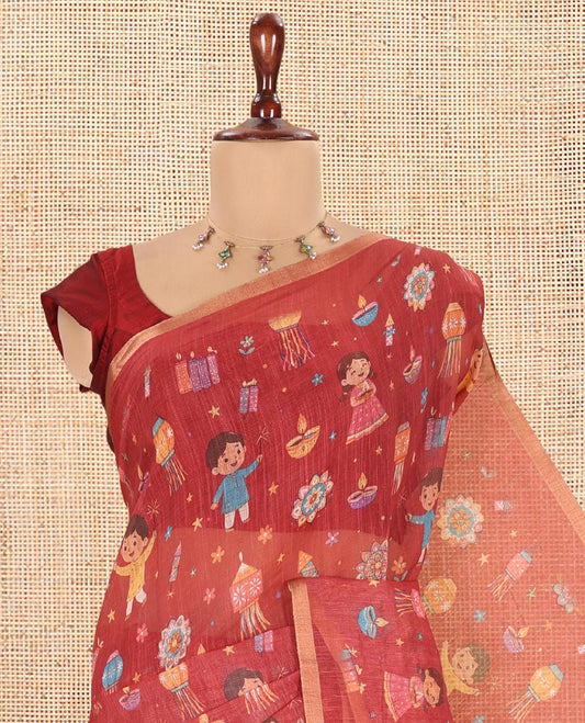 Maroon Diwali-Style Printed Linen Cotton Saree