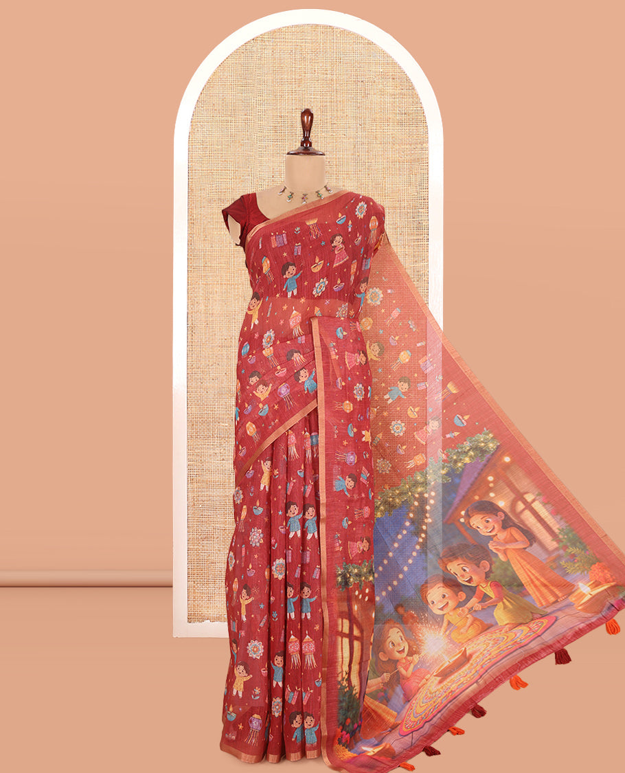 Maroon Diwali-Style Printed Linen Cotton Saree