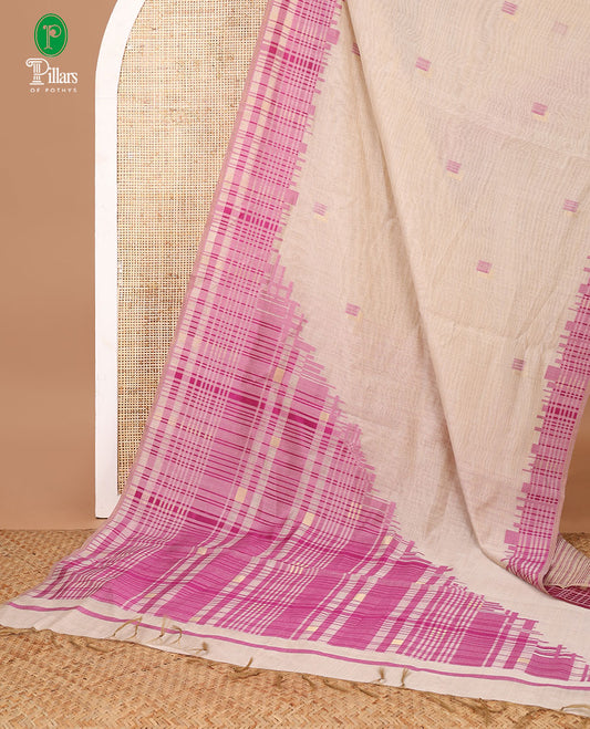 Cream with purple zari resam thread butta munga jute cotton saree with thread weaving pallu along with thread weaving blouse