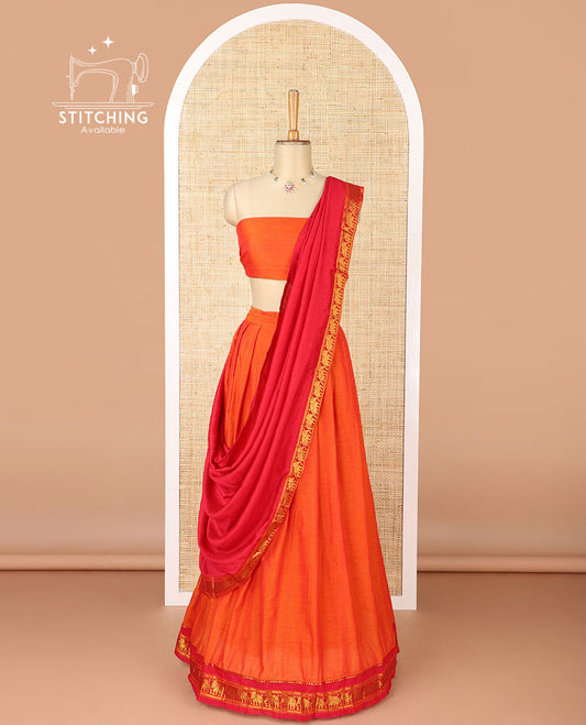 Orange mercerised cotton daman zari border half saree with cotton blouse & skya georgette one side zari border dhavani