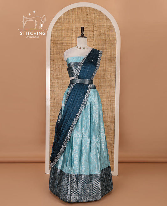 Blue banaras half-saree, zari jacquard & contrast traditional zari border skirt, zari woven blouse & contrast embroidered rangoli georgette scallop border dhavani