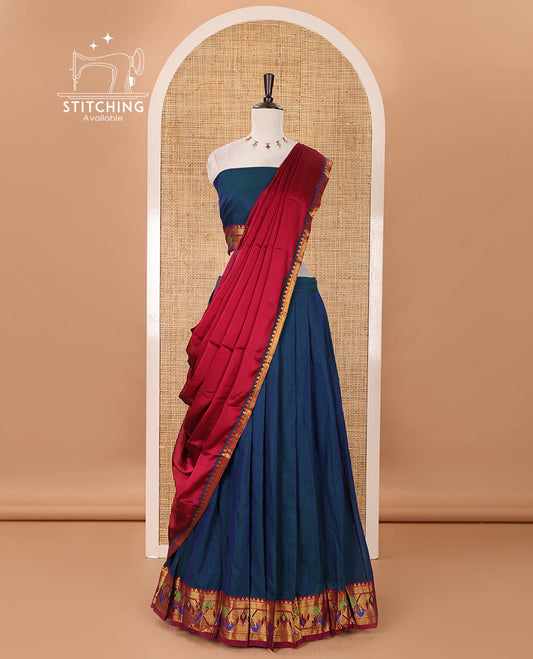 Peacock blue mercerised cotton half-saree, plain & contrast paithani peacock border skirt, matching blouse & contrast plain zari border dhavani