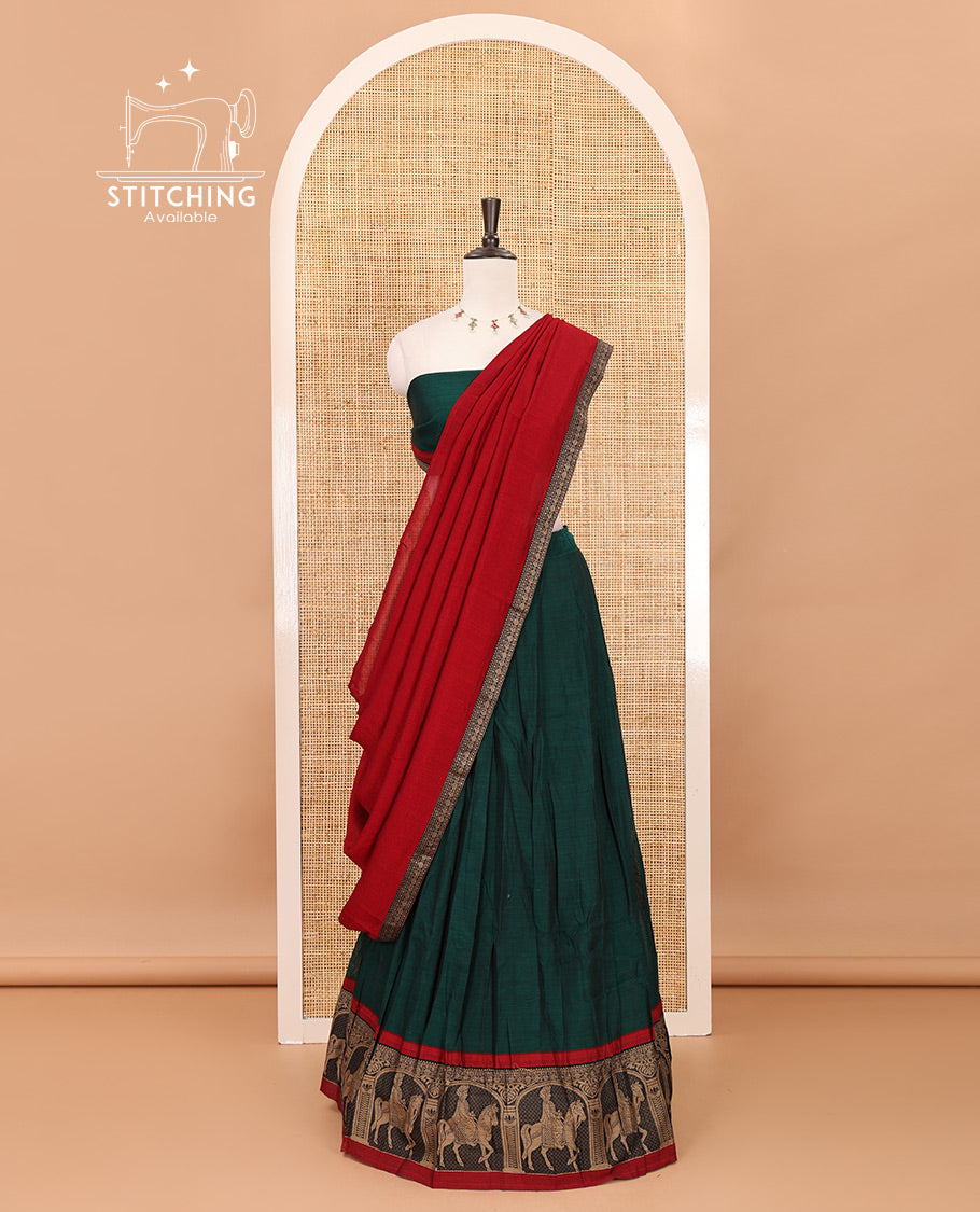 Green with maroon mercedised cotton half-saree, contrast elephant zari border skirt, matching blouse & one side border georgette dhavani