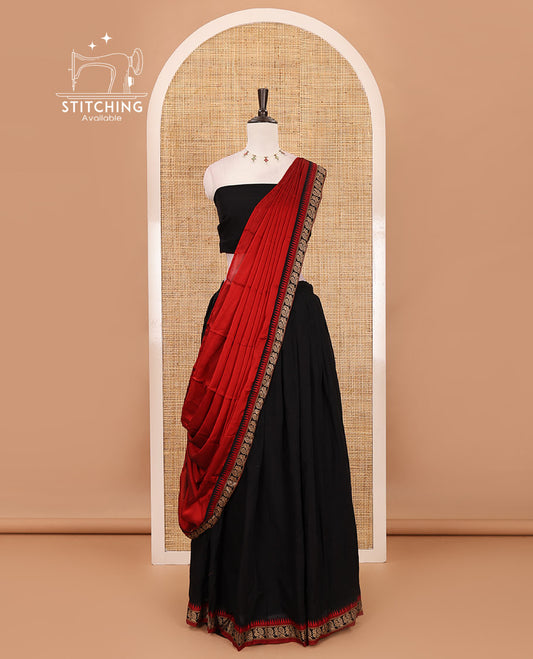 Black-red mercerised cotton half-saree, plain & contrast temple & peacock border skirt, matching blouse & contrast syska georgette dhavani
