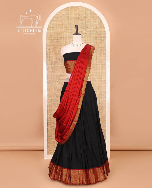 Black-red Mercerised cotton half-saree, plain with contrast arai madam border skirt, matching blouse & contrast arai madam border dhavani
