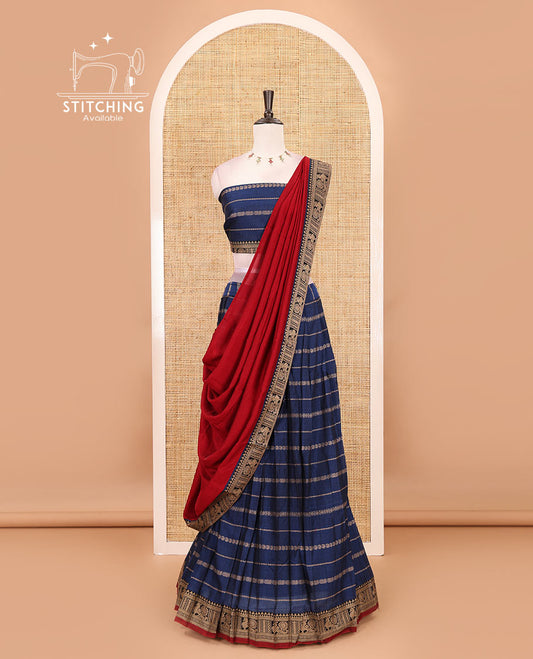 Blue-maroon mercerised cotton half-saree, traditional design resham thread skirt, matching traditional design blouse & contrast syska georgette dhavani